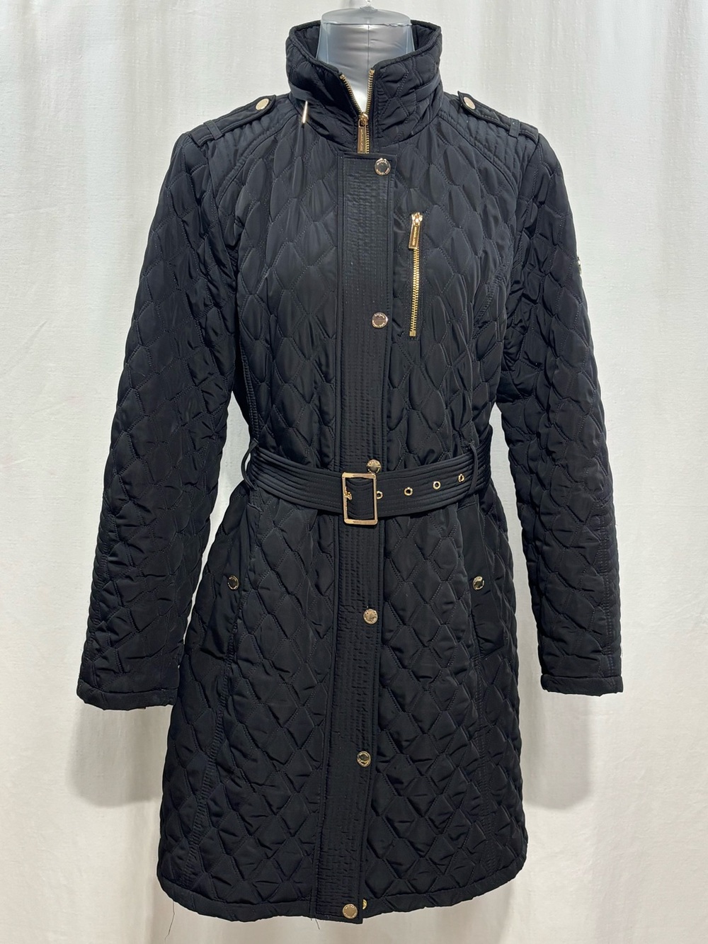Michael Kors Black Quilted Belted Trench Coat with Gold Accents Large